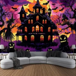 Halloween Blacklight Wall Tapestry – UV Reactive Haunted House with Glowing Windows, Neon Colors Spooky Graveyard Scene, Glow in the Dark Gothic Backdrop for 2025 Halloween Party Decoration