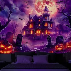 Halloween Blacklight Wall Tapestry – UV Reactive Haunted House with Glowing Windows, Neon Colors Spooky Graveyard Scene, Glow in the Dark Gothic Backdrop for 2025 Halloween Party Decoration