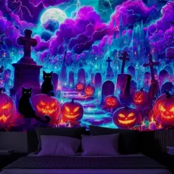Halloween Blacklight Wall Tapestry – UV Reactive Haunted House with Flying Witch, Jack-o'-Lanterns and Full Moon, Neon Colors, Glow in the Dark Gothic Wall Hanging for 2025 Halloween Decoration