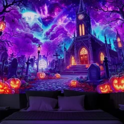 Halloween Blacklight Wall Tapestry – UV Reactive Haunted House with Flying Witch, Jack-o'-Lanterns and Full Moon, Neon Colors, Glow in the Dark Gothic Wall Hanging for 2025 Halloween Decoration