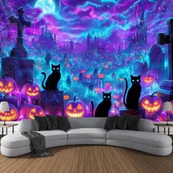 Halloween Blacklight Wall Tapestry – UV Reactive Haunted House with Flying Witch, Jack-o'-Lanterns and Full Moon, Neon Colors, Glow in the Dark Gothic Wall Hanging for 2025 Halloween Decoration
