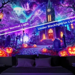 Halloween Blacklight Wall Tapestry – UV Reactive Haunted House with Flying Witch, Jack-o'-Lanterns and Full Moon, Neon Colors, Glow in the Dark Gothic Wall Hanging for 2025 Halloween Decoration