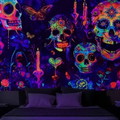 Halloween Blacklight Wall Tapestry – UV Reactive Día de los Muertos Sugar Skulls, Neon Colors Mexican Day of the Dead Theme, Glow in the Dark Wall Hanging for 2025 Halloween Decoration