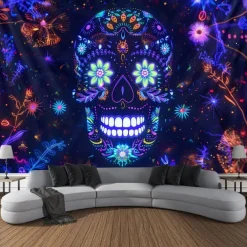 Halloween Blacklight Wall Tapestry – UV Reactive Día de los Muertos Sugar Skulls, Neon Colors Mexican Day of the Dead Theme, Glow in the Dark Wall Hanging for 2025 Halloween Decoration
