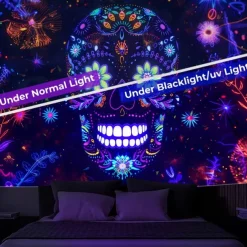 Halloween Blacklight Wall Tapestry – UV Reactive Día de los Muertos Sugar Skulls, Neon Colors Mexican Day of the Dead Theme, Glow in the Dark Wall Hanging for 2025 Halloween Decoration
