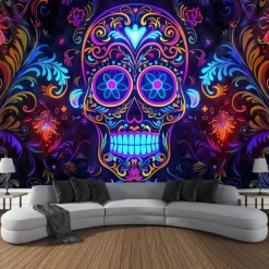 Halloween Blacklight Wall Tapestry – UV Reactive Día de los Muertos Sugar Skulls, Neon Colors Mexican Day of the Dead Theme, Glow in the Dark Wall Hanging for 2025 Halloween Decoration