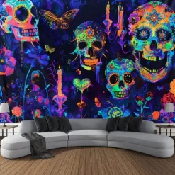 Halloween Blacklight Wall Tapestry – UV Reactive Día de los Muertos Sugar Skulls, Neon Colors Mexican Day of the Dead Theme, Glow in the Dark Wall Hanging for 2025 Halloween Decoration
