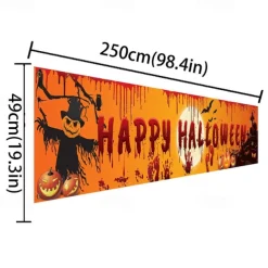 Halloween Bloody Bat Pumpkin Ghost Print Party Backdrop Hanging Banner Halloween Decor(250x49cm/98.4“*19.3“) Halloween Skeleton Decoration