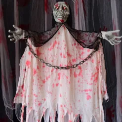 Halloween Bloody Clothes & Iron Chain Hanging Ghost Decoration With Sound & Light Effect Prop For Haunted House, Escape Room, Horror Themed Party Decor, Outdoor & Indoor