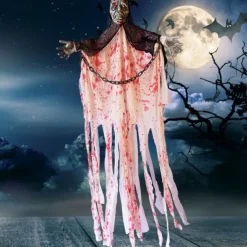 Halloween Bloody Clothes & Iron Chain Hanging Ghost Decoration With Sound & Light Effect Prop For Haunted House, Escape Room, Horror Themed Party Decor, Outdoor & Indoor