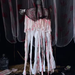 Halloween Bloody Clothes & Iron Chain Hanging Ghost Decoration With Sound & Light Effect Prop For Haunted House, Escape Room, Horror Themed Party Decor, Outdoor & Indoor