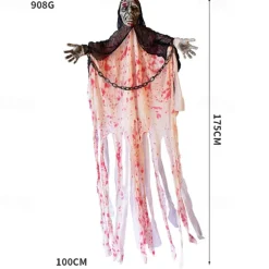 Halloween Bloody Clothes & Iron Chain Hanging Ghost Decoration With Sound & Light Effect Prop For Haunted House, Escape Room, Horror Themed Party Decor, Outdoor & Indoor