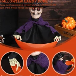 Halloween Candy Bowl With Animated Skull, Move Head And Glow Eyes, Spooky Music, Perfect For Trick Or Treating And Haunted House Decoration