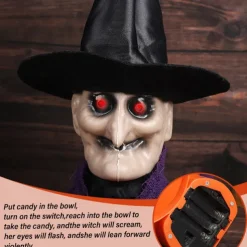 Halloween Candy Bowl With Animated Skull, Move Head And Glow Eyes, Spooky Music, Perfect For Trick Or Treating And Haunted House Decoration