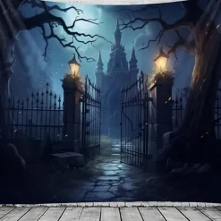 Halloween Cemetery Wall Tapestry Backdrop – Spooky Graveyard Entrance with Jack-O'-Lanterns, Gothic Wall Hanging for 2025 Halloween Home Decoration