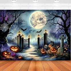 Halloween Cemetery Wall Tapestry Backdrop – Spooky Graveyard Entrance with Jack-O'-Lanterns, Gothic Wall Hanging for 2025 Halloween Home Decoration