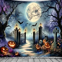 Halloween Cemetery Wall Tapestry Backdrop – Spooky Graveyard Entrance with Jack-O'-Lanterns, Gothic Wall Hanging for 2025 Halloween Home Decoration