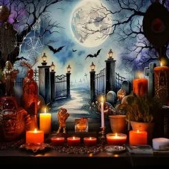 Halloween Cemetery Wall Tapestry Backdrop – Spooky Graveyard Entrance with Jack-O'-Lanterns, Gothic Wall Hanging for 2025 Halloween Home Decoration