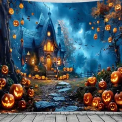 Halloween Cemetery Wall Tapestry Backdrop – Spooky Graveyard with Glowing Jack-o'-Lanterns, Full Moon and Bats, Haunted Scene Wall Hanging for Party and Home Decoration