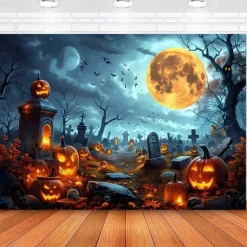 Halloween Cemetery Wall Tapestry Backdrop – Spooky Graveyard with Glowing Jack-o'-Lanterns, Full Moon and Bats, Haunted Scene Wall Hanging for Party and Home Decoration