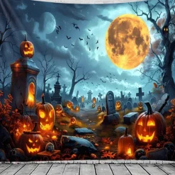Halloween Cemetery Wall Tapestry Backdrop – Spooky Graveyard with Glowing Jack-o'-Lanterns, Full Moon and Bats, Haunted Scene Wall Hanging for Party and Home Decoration