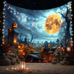 Halloween Cemetery Wall Tapestry Backdrop – Spooky Graveyard with Glowing Jack-o'-Lanterns, Full Moon and Bats, Haunted Scene Wall Hanging for Party and Home Decoration