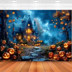 Halloween Cemetery Wall Tapestry Backdrop – Spooky Graveyard with Glowing Jack-o'-Lanterns, Full Moon and Bats, Haunted Scene Wall Hanging for Party and Home Decoration