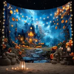 Halloween Cemetery Wall Tapestry Backdrop – Spooky Graveyard with Glowing Jack-o'-Lanterns, Full Moon and Bats, Haunted Scene Wall Hanging for Party and Home Decoration