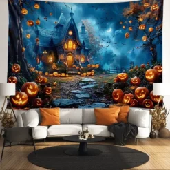 Halloween Cemetery Wall Tapestry Backdrop – Spooky Graveyard with Glowing Jack-o'-Lanterns, Full Moon and Bats, Haunted Scene Wall Hanging for Party and Home Decoration
