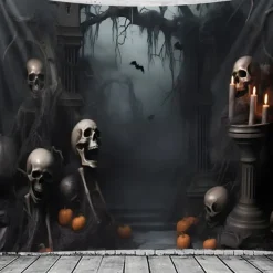 Halloween Cemetery Wall Tapestry Backdrop – Spooky Graveyard Scene with Full Moon and Haunted Tree, Gothic Wall Hanging for Home, Party, Photography