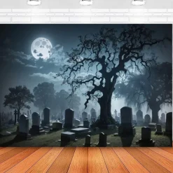 Halloween Cemetery Wall Tapestry Backdrop – Spooky Graveyard Scene with Full Moon and Haunted Tree, Gothic Wall Hanging for Home, Party, Photography
