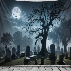 Halloween Cemetery Wall Tapestry Backdrop – Spooky Graveyard Scene with Full Moon and Haunted Tree, Gothic Wall Hanging for Home, Party, Photography