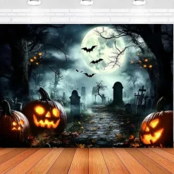 Halloween Cemetery Wall Tapestry Backdrop – Spooky Graveyard Scene with Full Moon and Haunted Tree, Gothic Wall Hanging for Home, Party, Photography