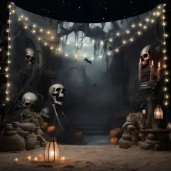 Halloween Cemetery Wall Tapestry Backdrop – Spooky Graveyard Scene with Full Moon and Haunted Tree, Gothic Wall Hanging for Home, Party, Photography