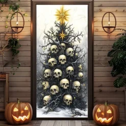 Halloween Christmas Door Decorations Halloween Door Covers Skeleton Door Tapestry Tree Door Curtain Decoration Backdrop Door Banner for Front Door Farmhouse Holiday Party Decor Supplies
