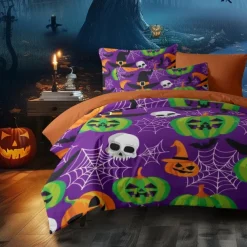 Halloween Collection Duvet Cover Set 3 Piece Set Jack O Lantern Pumpkin Super Soft Skin-friendly Long-lasting