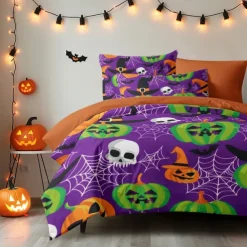 Halloween Collection Duvet Cover Set 3 Piece Set Jack O Lantern Pumpkin Super Soft Skin-friendly Long-lasting
