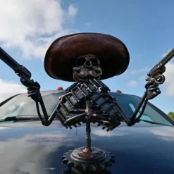 Halloween Cowboy Skull Gunslinger Hood Metal Skull Hood Ornament - Skeleton Statue Decor - Metal Skeleton Car Hood Ornaments Skeleton Statue Handmade Cast Cowboy For House Door