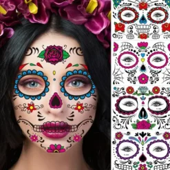 Halloween Day of The Dead Face Tattoo Stickers, Sugar Skull Temporary Face Tattoos for Dia de los Muertos Makeup, Funny Scary Face Decoration for Party