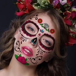 Halloween Day of The Dead Face Tattoo Stickers, Sugar Skull Temporary Face Tattoos for Dia de los Muertos Makeup, Funny Scary Face Decoration for Party