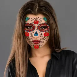 Halloween Day of The Dead Face Tattoo Stickers, Sugar Skull Temporary Face Tattoos for Dia de los Muertos Makeup, Funny Scary Face Decoration for Party