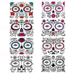 Halloween Day of The Dead Face Tattoo Stickers, Sugar Skull Temporary Face Tattoos for Dia de los Muertos Makeup, Funny Scary Face Decoration for Party