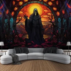 Halloween Death Hanging Tapestry Stained Glass Wall Art Large Tapestry Mural Decor Photograph Backdrop Blanket Curtain Home Bedroom Living Room Decoration Decorations