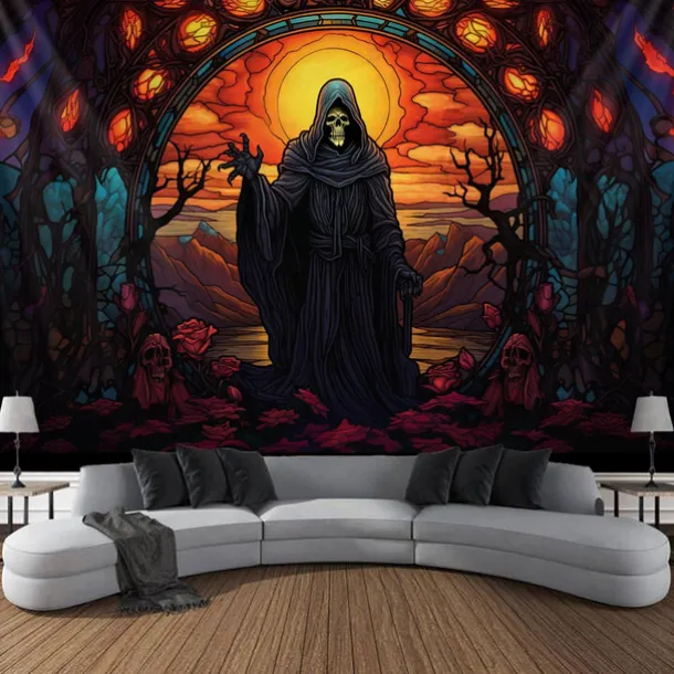 Halloween Death Hanging Tapestry Stained Glass Wall Art Large Tapestry Mural Decor Photograph Backdrop Blanket Curtain Home Bedroom Living Room Decoration Decorations