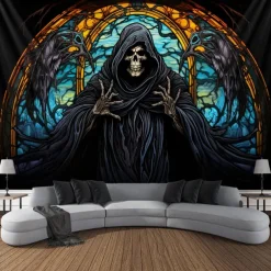 Halloween Death Hanging Tapestry Stained Glass Wall Art Large Tapestry Mural Decor Photograph Backdrop Blanket Curtain Home Bedroom Living Room Decoration Decorations