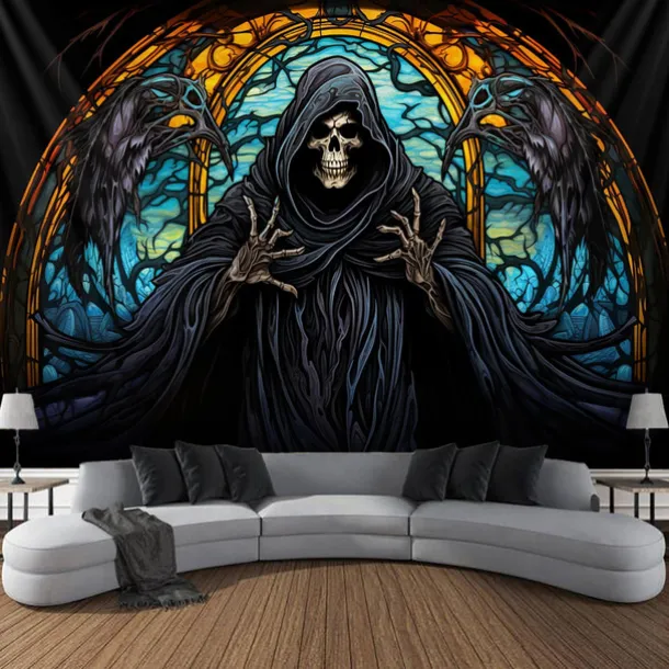 Halloween Death Hanging Tapestry Stained Glass Wall Art Large Tapestry Mural Decor Photograph Backdrop Blanket Curtain Home Bedroom Living Room Decoration Decorations