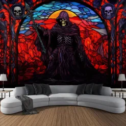 Halloween Death Hanging Tapestry Stained Glass Wall Art Large Tapestry Mural Decor Photograph Backdrop Blanket Curtain Home Bedroom Living Room Decoration Decorations