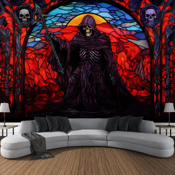Halloween Death Hanging Tapestry Stained Glass Wall Art Large Tapestry Mural Decor Photograph Backdrop Blanket Curtain Home Bedroom Living Room Decoration Decorations