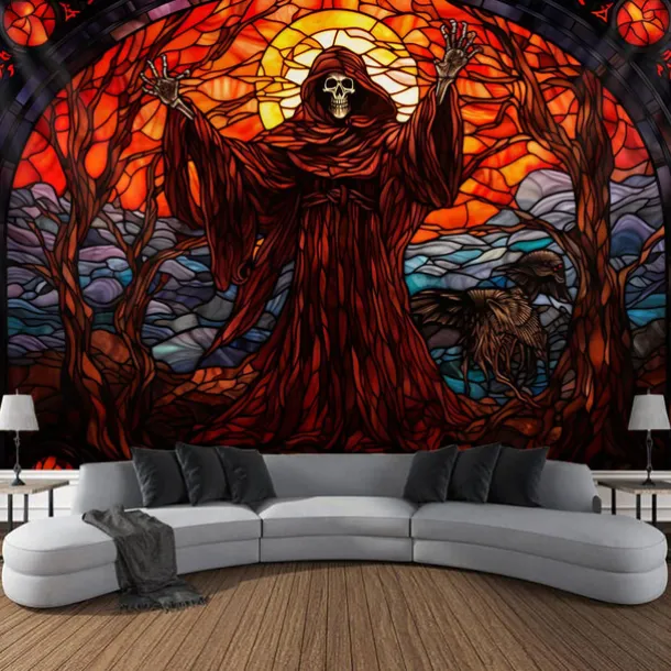 Halloween Death Hanging Tapestry Stained Glass Wall Art Large Tapestry Mural Decor Photograph Backdrop Blanket Curtain Home Bedroom Living Room Decoration Decorations