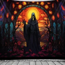 Halloween Death Hanging Tapestry Stained Glass Wall Art Large Tapestry Mural Decor Photograph Backdrop Blanket Curtain Home Bedroom Living Room Decoration Decorations